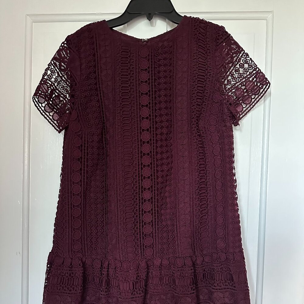 LOFT Anne Taylor Drop Waist Dress with Crocheted Overlay, sz 2, plum/burgundy